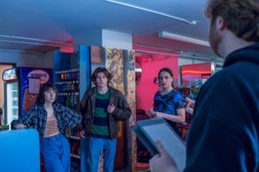 Jack Nicoletti behind the scenes of That Little Bodega Next To Lorenzo's with Emma-Lynn Morgan, Max Olivieri, and Alex M