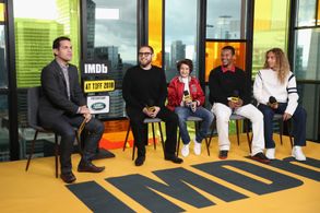 Olan Prenatt, Jonah Hill, Dave Karger, Sunny Suljic, and Na-kel Smith at an event for Mid90s (2018)