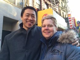 Stephen Lin and Mary Jane Skalski on set for The Cobbler (2014)