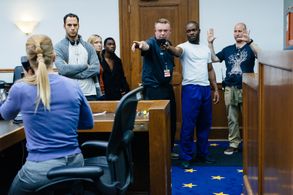 Lucas Akoskin and David Oyelowo on the set of Captive.