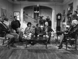 Bill Cosby, Ethel Ayler, Earle Hyman, Phylicia Rashad, Clarice Taylor, Malcolm-Jamal Warner, and Joe Williams in The Cos