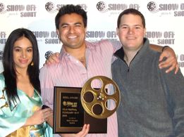 Muhammad Miguel Ali Hasan accepting a Best Film Award for Rabia with Hanieh Jodat and TomDini