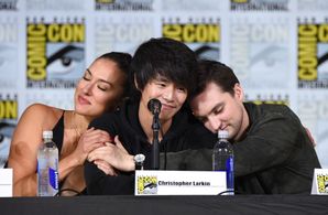 Christopher Larkin, Richard Harmon, and Tasya Teles at an event for The 100 (2014)
