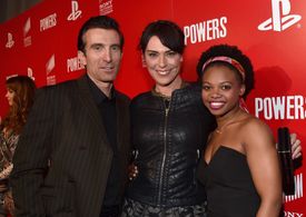 Michelle Forbes, Sharlto Copley, Susan Heyward, and Shelby Steel at an event for Powers (2015)