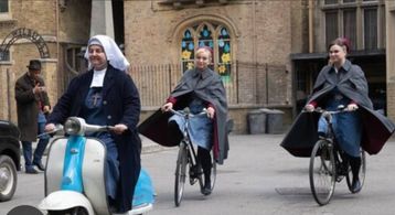 Rebecca Gethings as Sister Veronia in 'Call The Midwife', with Helen George as Trixie and Megan Cusack as Nancy