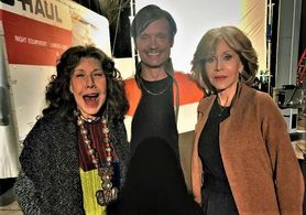 Lily Tomlin, Hans Obma and Jane Fonda on the set of Grace and Frankie.