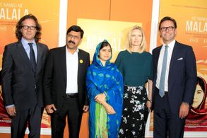 Davis Guggenheim, Malala Yousafzai, and Ziauddin Yousafzai at an event for He Named Me Malala (2015)