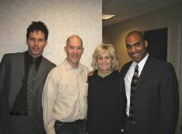 Tamas Menyhart with writer - director Ray O'Neill, and two fellow actors on set of 