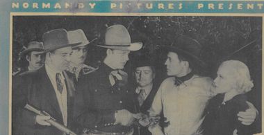 Rex Bell, Constance Bergen, John Cowell, Horace Murphy, Forrest Taylor, and George Ball in Too Much Beef (1936)