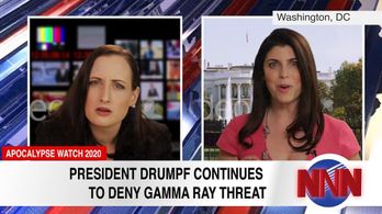 Michelle D'Alessandro Hatt as Presidential Counselor Connie Barstow being interviewed by News Anchor Eva Parsons (Mary-E