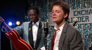 Michael J. Fox and Harry Waters Jr. in Back to the Future (1985)