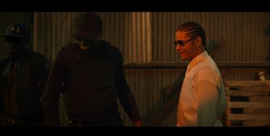 Ola Bamisile, Nicholas Alexander and Brandon Moten in Black Lightning: Tobias' Revenge.