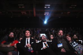 Jeff Bryan Davis, Dan Harmon, Erin McGathy, Neil Berkeley, and Spencer Crittenden at an event for Harmontown (2014)