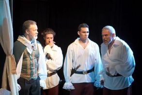 Jean Glaudé, Christopher Roessner, Jay Faisca, and Geoffrey Forward onstage in the Los Angeles Shakespeare Company produ