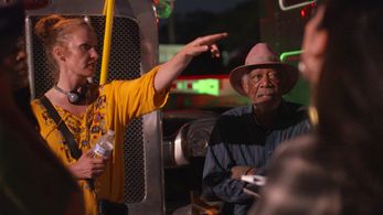 Anna Gutto and Morgan Freeman on set for Paradise Highway