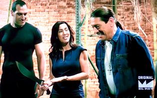 Diana Lee Inosanto (center) with Marko Zaror (left),Danny Trejo (right) Man at Arms: Art of War on EL REY Network