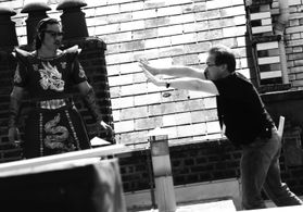 Director Jon East on set with Benedict Wong, shooting SPIRIT WARRIORS