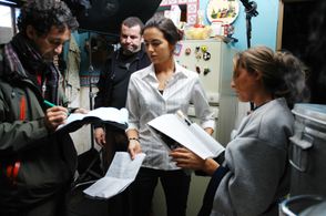 Director Angel Gracia with stars Camilla Belle and Alexa Vega on the set of From Prada to Nada.