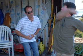 Stunt practice with Scotty Metcalfe taking the hit from Tom Elliot, Stunt Coordinator.