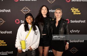 TT The Artist, Jeanne Jo and Margarita Zhitnikova pose on the red carpet at the Season 8 Centerpiece event during Series