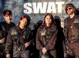 Rene Michelle Aranda, Candace Lauren Ostler, T.C. De Witt and Alex Frew geared up on the set of 2 Lava 2 Lantula.