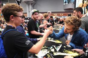 Finn Jones and Anand Bhatt at an event for Iron Fist (2017)