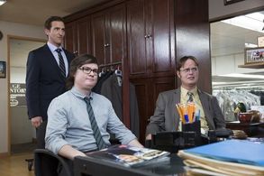 Clark Duke, Rainn Wilson, and Will Greenberg in The Office (2005)