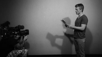 Nate Golon on the set of the TV documentary 