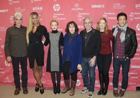 Sam Elliott, Lily Tomlin, John Cho, Judy Greer, Paul Weitz, Laverne Cox, and Julia Garner at an event for Grandma (2015)