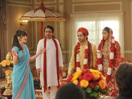 Zooey Deschanel, Ajay Mehta, Satya Bhabha, and Hannah Simone in New Girl (2011)