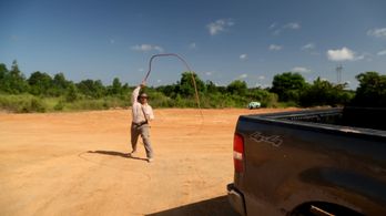 Chris Strompolos as Indiana Jones cracks the whip for a pivotal scene.