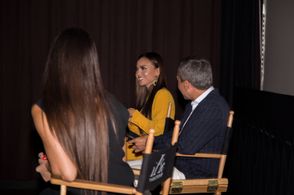 Aizhan LighG answering questions during the Q&A session after the HFPA screening of Tomiris