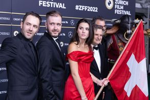 Max Rüdlinger, Sandro Klopfstein, Johannes Hartmann, and Alice Lucy at an event for Mad Heidi (2022)