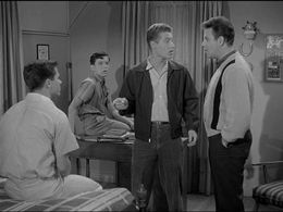 Frank Bank, Tony Dow, Jerry Mathers, and Ken Osmond in Leave It to Beaver (1957)