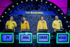 Michael Flores, Gina Lago, JV Villanueva, and Carlene Aguilar in Family Feud Philippines (2022)