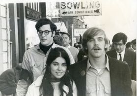 Susan Heldfond and Stephen Talbot lead anti-Vietnam war march at Wesleyan University in Middletown, Conn. in October 196