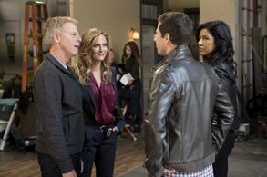 Greg Germann, Andy Samberg, Kelly Sullivan, and Stephanie Beatriz in Brooklyn Nine-Nine (2013)