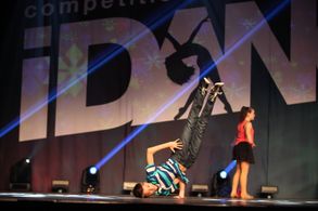 Cameron in a bboy freeze while competing (May 2016)