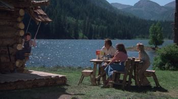 Susan Damante, Hollye Holmes, Ham Larsen, and Robert Logan in The Adventures of the Wilderness Family (1975)