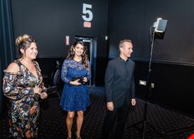 Mark Lund with hair stylist Katlynne Sliwoski (c) and Tess Grover (l) at a private screening of First Signal.