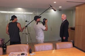 On set for the filming of THE COMMUTE