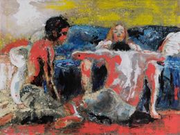 Karen with Jesus and Fausto - A painting of a scene in Los Bastardos (Nina Zavarin as Karen, Rubén Sosa as Fausto, and J