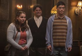 Beanie Feldstein, Harvey Guillén, and Hayden Szeto in What We Do in the Shadows (2019)