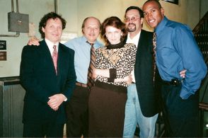 Endre Hules, Dennis Franz, Tatiana Chekhova, Dmitri Boudrine and Henry Simmons on the set of NYPD Blue.