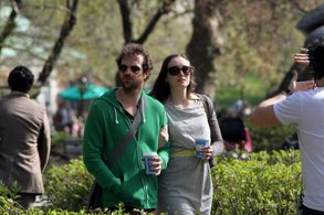 Tom Frank and Rebecca Lovett being framed by director Tom Degrezia on set for the Wino Crossing