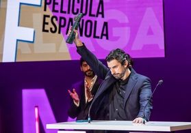 Francesc Corbera collecting the best movie award Biznaga de Plata in Zonazine Festival de Málaga