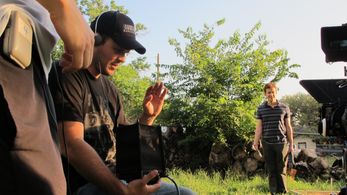 Director Jake Oelman with actor Joe Mazzello on the set of 'Dear Sidewalk'.