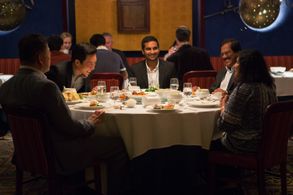 Kelvin Yu, Clem Cheung, Aziz Ansari, Shoukath Ansari, and Fatima Ansari in Master of None (2015)