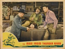Robert Barron, Bill Elliott, George 'Gabby' Hayes, and Eddie Lee in The Man from Thunder River (1943)