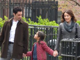 Danny Pino, Laura Benanti, and Alison Fernandez on the set of 